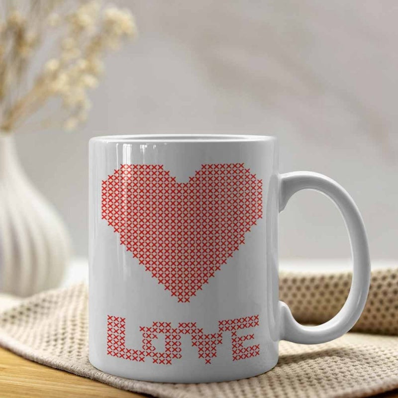 Tailorly White Ceramic 11 oz Mug - Love Red Pixelated Cross Stitch Style Design Featuring A Romantic Vibrant Heart