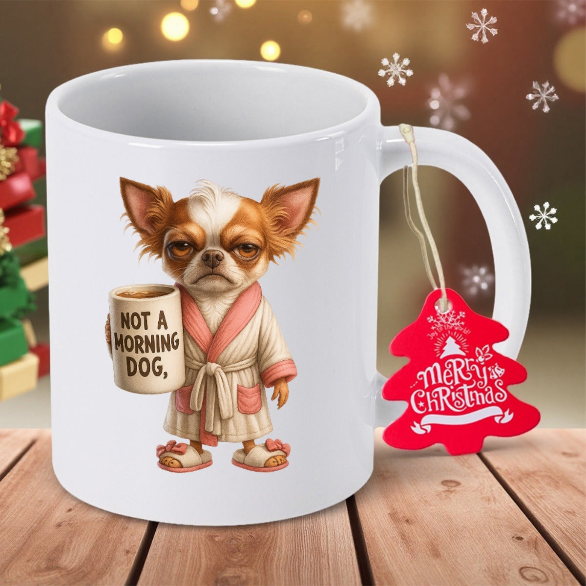 Tailorly White Ceramic 11 oz Mug - Not A Morning Dog Merry Christmas Grumpy Chihuahua Wearing A Bathrobe And Slippers Holding Small Mug Chihuahua