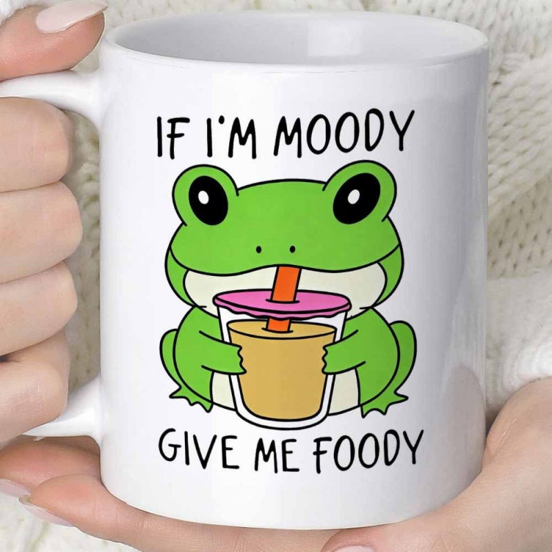 Tailorly White Ceramic 11 oz Mug - If I'm Moody Give Me Foody Cute Green Cartoon Frog Sitting Holding Delicious Bubble Tea With Straw Frog