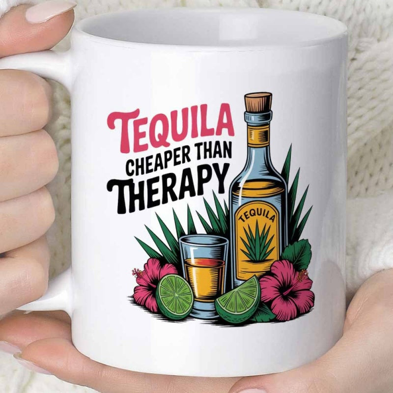 Tailorly White Ceramic 11 oz Mug - Tequila Cheaper Than Therapy Vintage Glass Bottle With Golden Tequila Limes And Tropical Hibiscus Bottle