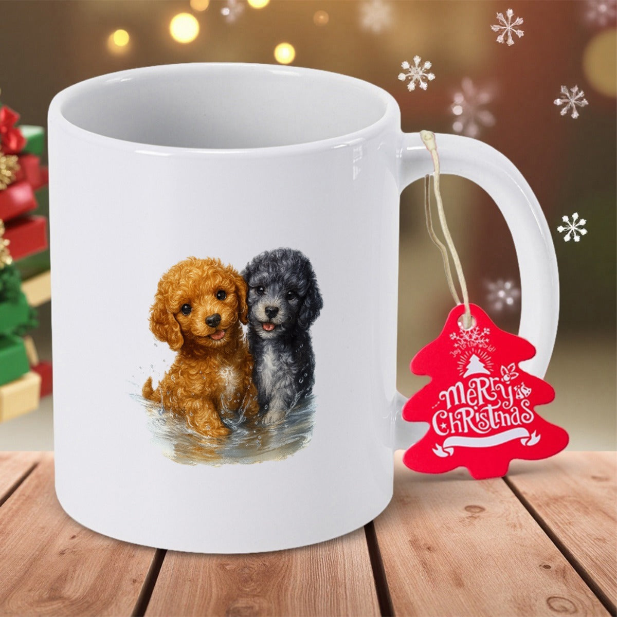 Tailorly White Ceramic 11 oz Mug - Merry Christmas Adorable Fluffy Brown And Black Puppies Sitting Together Poodles