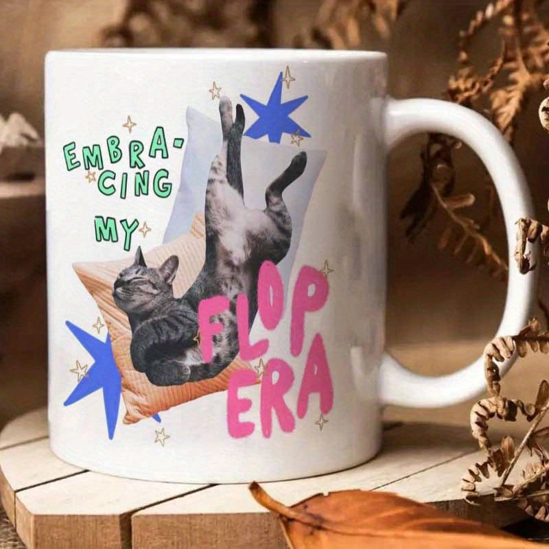 Tailorly White Ceramic 11 oz Mug - Embracing My Flop Era Whimsical Grey Tabby Cat Relaxing Among Decorative Stars And Soft Pillows Cat