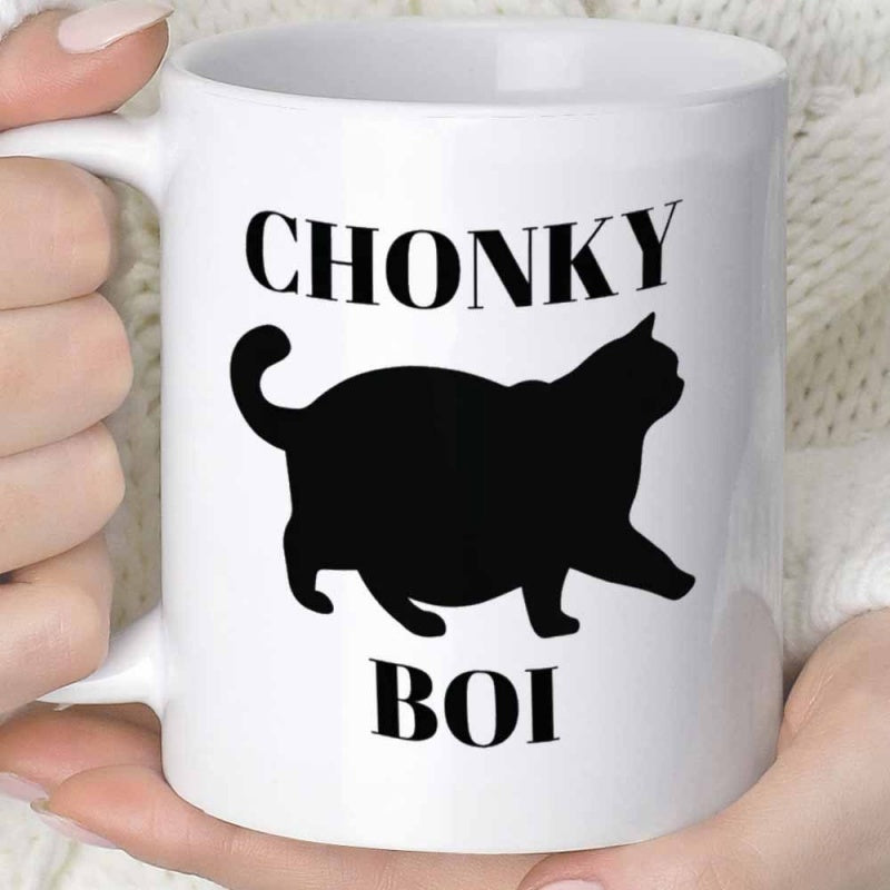 Tailorly White Ceramic 11 oz Mug - Chonky Boi Minimalist Black Silhouette Of A Large Walking Overweight Domestic Feline Cat