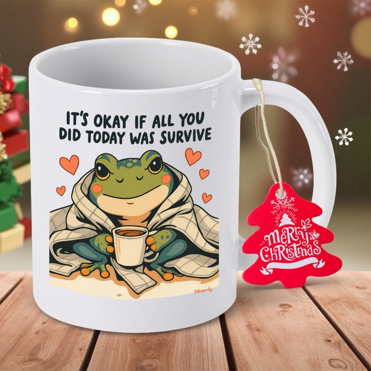 Tailorly White Ceramic 11 oz Mug - Its Okay If All You Did Today Was Survive Cozy Green Frog Wrapped In Blanket Holding Coffee Among Warm Hearts Frog