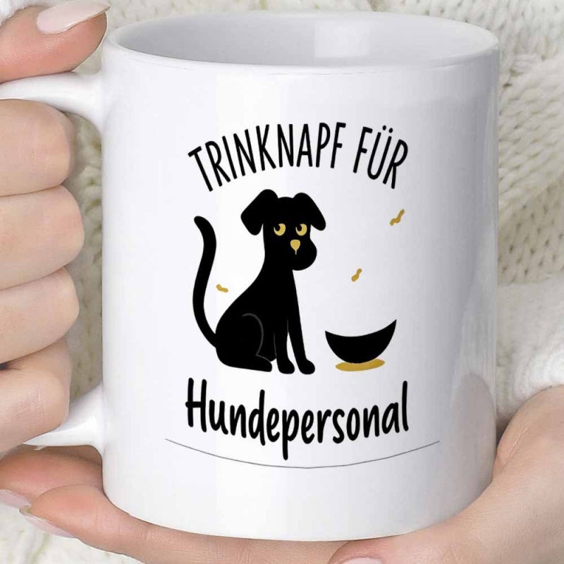 Tailorly White Ceramic 11 oz Mug - Sleek Black Cartoon Silhouette Sitting Quietly Beside Dark Feeding Bowl Dog