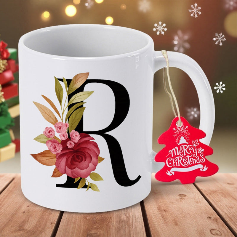 Tailorly White Ceramic 11 oz Mug - Merry Christmas Elegant Floral Monogram With Red Roses And Autumn Leaves Letter