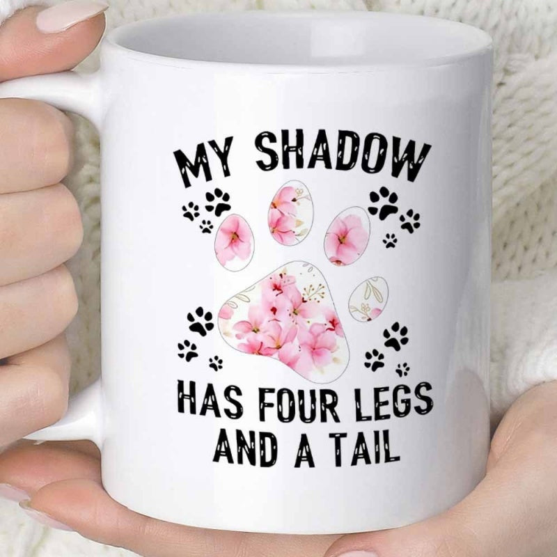 Tailorly White Ceramic 11 oz Mug - My Shadow Has Four Legs And A Tail Beautiful Pink Cherry Blossoms Filling Large Animal Track With Smaller Scattered Accents Paw