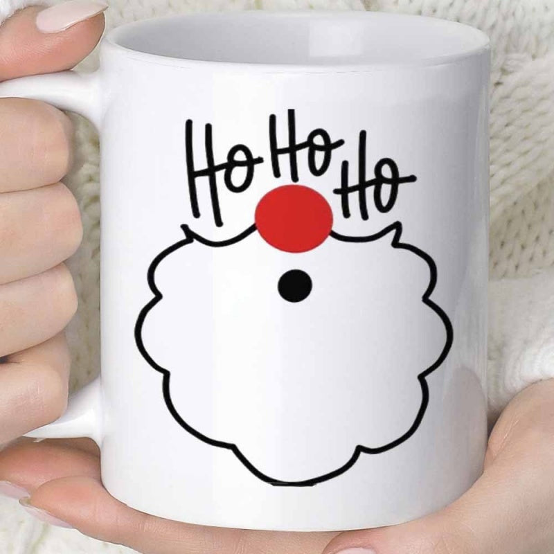 Tailorly White Ceramic 11 oz Mug - Ho Ho Ho Minimalist Beard With Red Circular Nose And Tiny Black Mouth Santa Claus