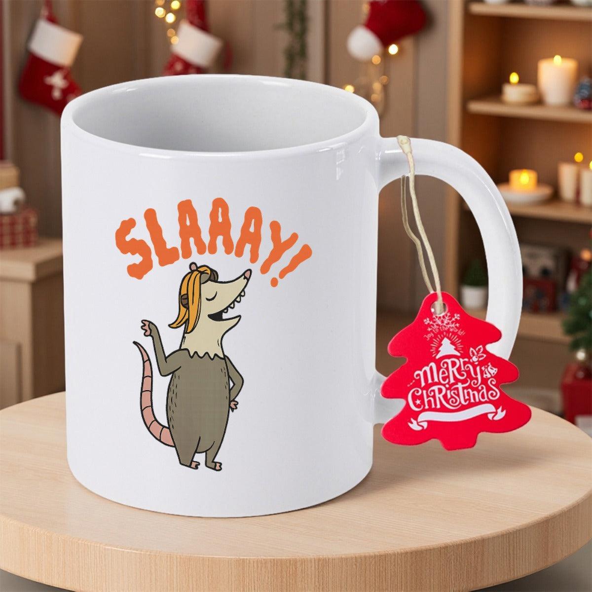 Tailorly White Ceramic 11 oz Mug - Slaay Sassy Cartoon Animal Wearing A Blonde Wig Posing Confidently Opossum