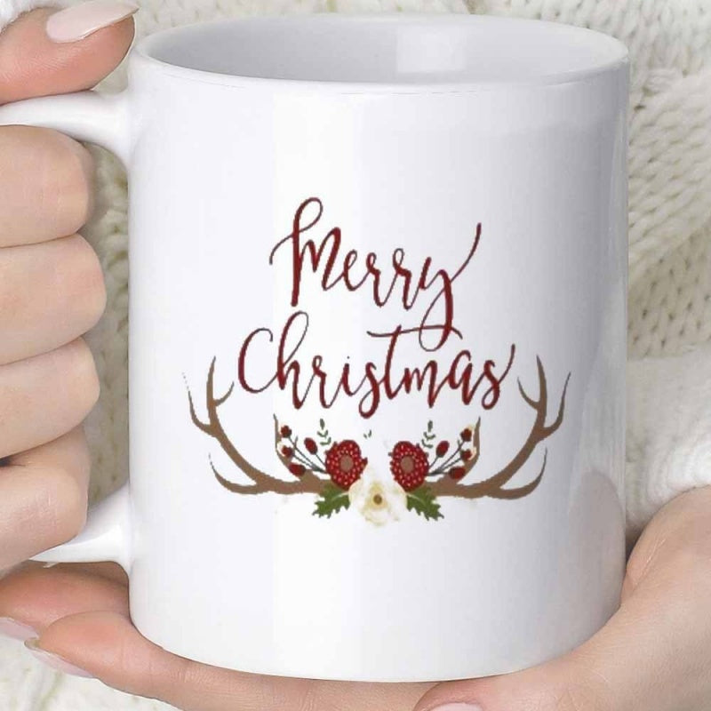 Tailorly White Ceramic 11 oz Mug - Merry Christmas Blooming Red Roses Nestled Between Rustic Brown Holiday Floral Reindeer Antlers