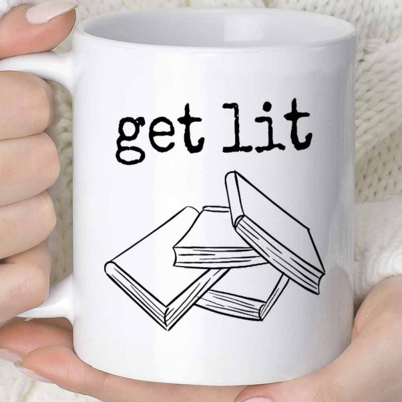Tailorly White Ceramic 11 oz Mug - Get Lit Simple Minimalist Black Ink Hand Drawn Stack Of Books