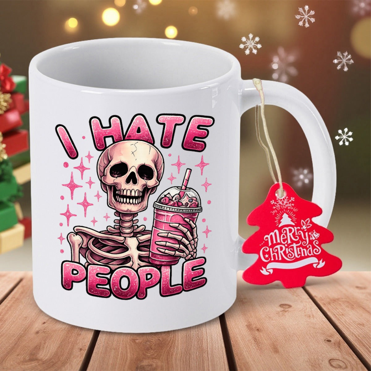 Tailorly White Ceramic 11 oz Mug - I Hate People Holding Pink Iced Beverage Surrounded By Twinkling Magic Stars Skeleton