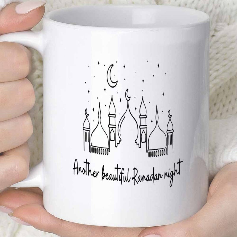 Tailorly White Ceramic 11 oz Mug - Another Beautiful Ramadan Night Minimalist Line Art Style Depicting Peaceful Architectural Scenery Under Starry Sky Mosque