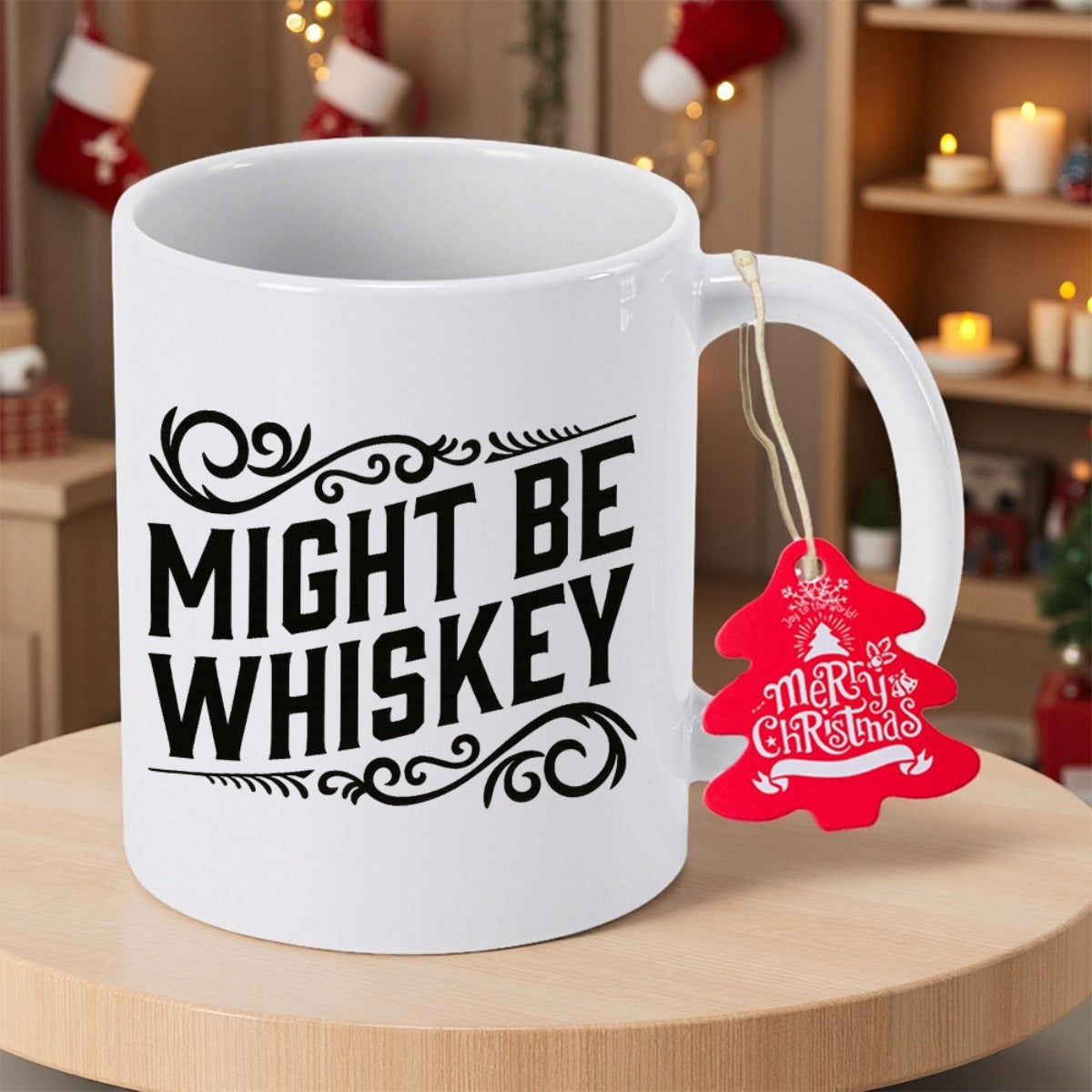 Tailorly White Ceramic 11 oz Mug - Might Be Whiskey Merry Christmas Elegant White Ceramic Material With Decorative Black Swirls Mug