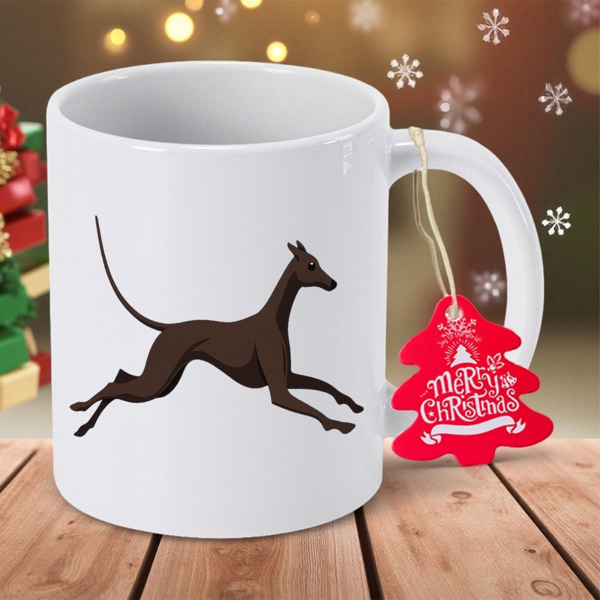 Tailorly White Ceramic 11 oz Mug - Elegant Silhouette Of A Running Dark Brown Sighthound In Motion Greyhound