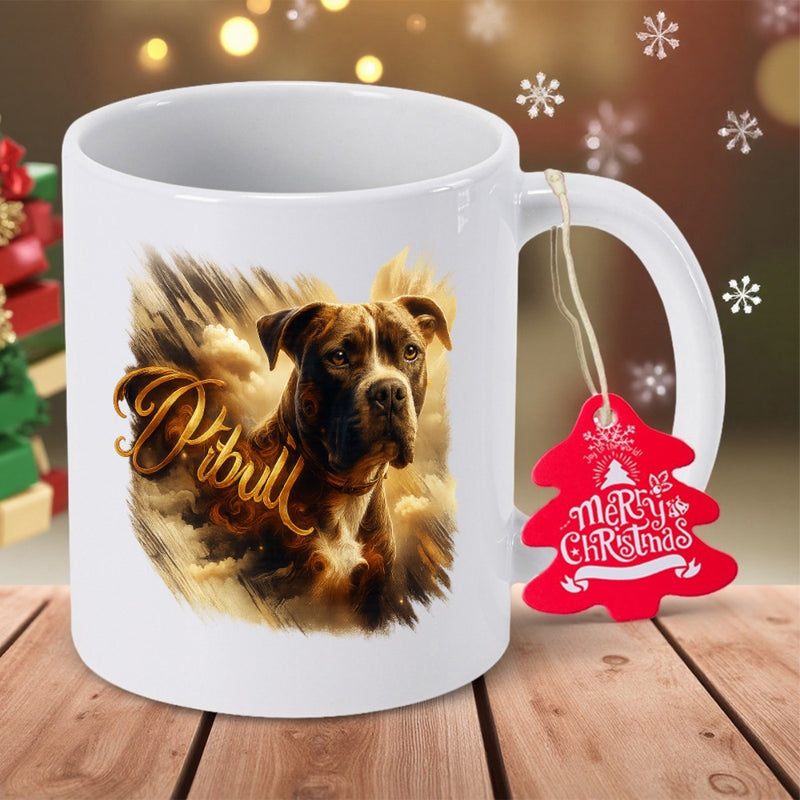 Tailorly White Ceramic 11 oz Mug - Pitbull Artistic Brown And White Animal With Abstract Paint Splatters Background Dog