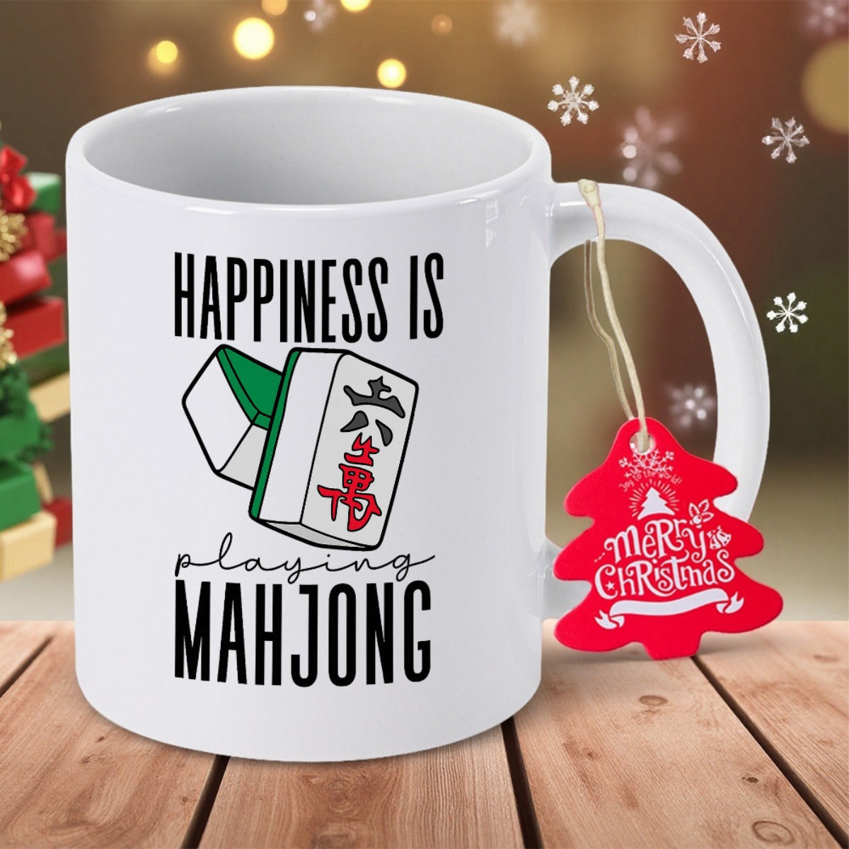 Tailorly White Ceramic 11 oz Mug - Happiness Is Playing Mahjong Traditional Chinese Gaming Tiles Resting Together With Distinctive Calligraphy Characters Mahjong