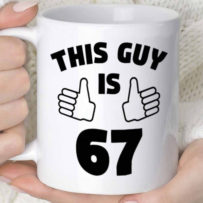 Tailorly White Ceramic 11 oz Mug - This Guy Is 67 Minimalist Black Line Art Icons Of Thumbs Up Pointing Upward Hand