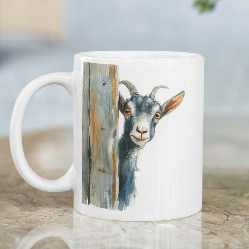 Tailorly White Ceramic 11 oz Mug - Peeking Behind Weathered Wood Post Hand Painted Watercolor Style Farm Animal Goat