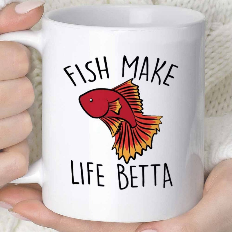 Tailorly White Ceramic 11 oz Mug - Fish Make Life Betta Vibrant Red Tropical Creature With Flowing Radiant Golden Fins Betta