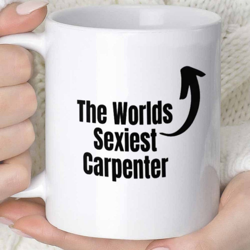 Tailorly White Ceramic 11 oz Mug - The Worlds Sexiest Carpenter Minimalist Black Curved Arrow Pointing Upwards On A