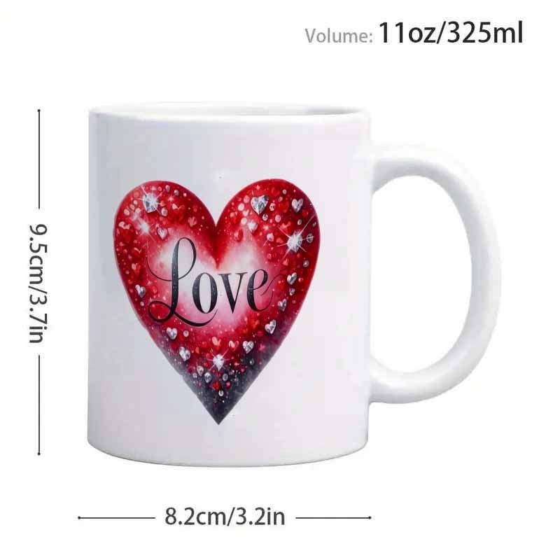 Tailorly White Ceramic 11 oz Mug - Love Elegant Cursive Script On Sparkling Red Gemstone Texture Pattern Heart