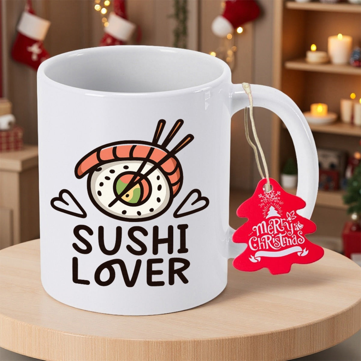 Tailorly White Ceramic 11 oz Mug - Sushi Lover Cute Cartoon Sushi Roll With Chopsticks And Tiny Decorative Hearts Sushi