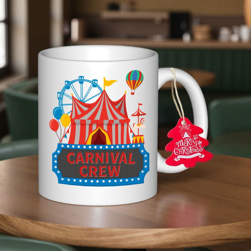 Tailorly White Ceramic 11 oz Mug - Carnival Crew Colorful Red And White Striped Festive Fairground Scene With Ferris Wheel Tent