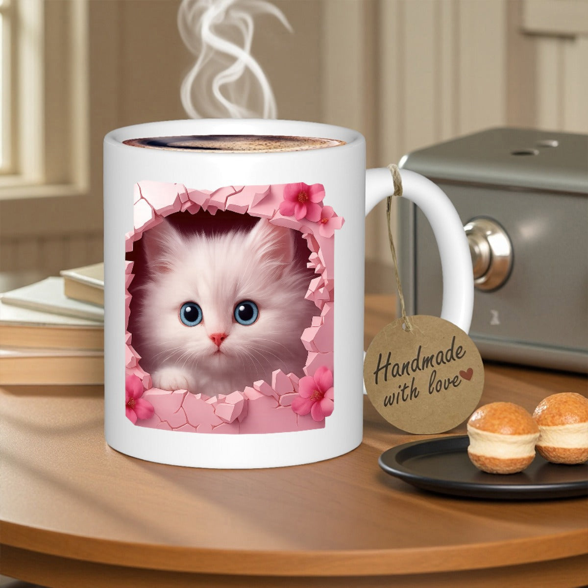 Tailorly White Ceramic 11 oz Mug - Adorable Fluffy White Feline Peeking Through Pink Floral Cracked Wall Kitten