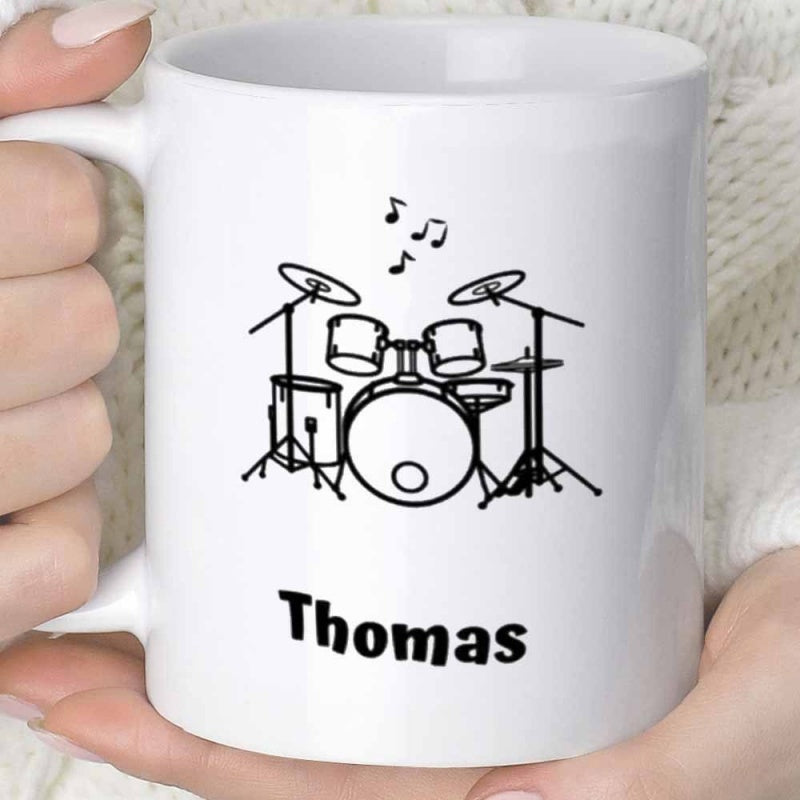 Tailorly White Ceramic 11 oz Mug - Thomas Minimalist Line Art Drum Set With Musical Notes Floating Above Instrument Drum Kit