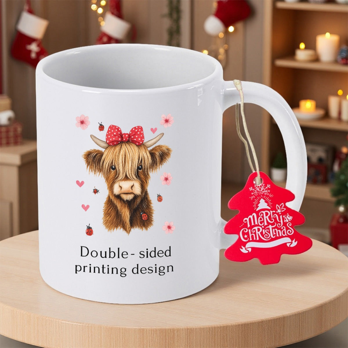 Tailorly White Ceramic 11 oz Mug - Double Sided Printing Design Adorable Hairy Highland Cattle With Red Bow Tie Among Pink Flowers Heart Cow
