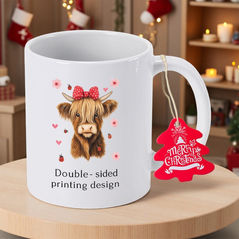 Tailorly White Ceramic 11 oz Mug - Double Sided Printing Design Adorable Hairy Highland Cattle With Red Bow Tie Among Pink Flowers Heart Cow