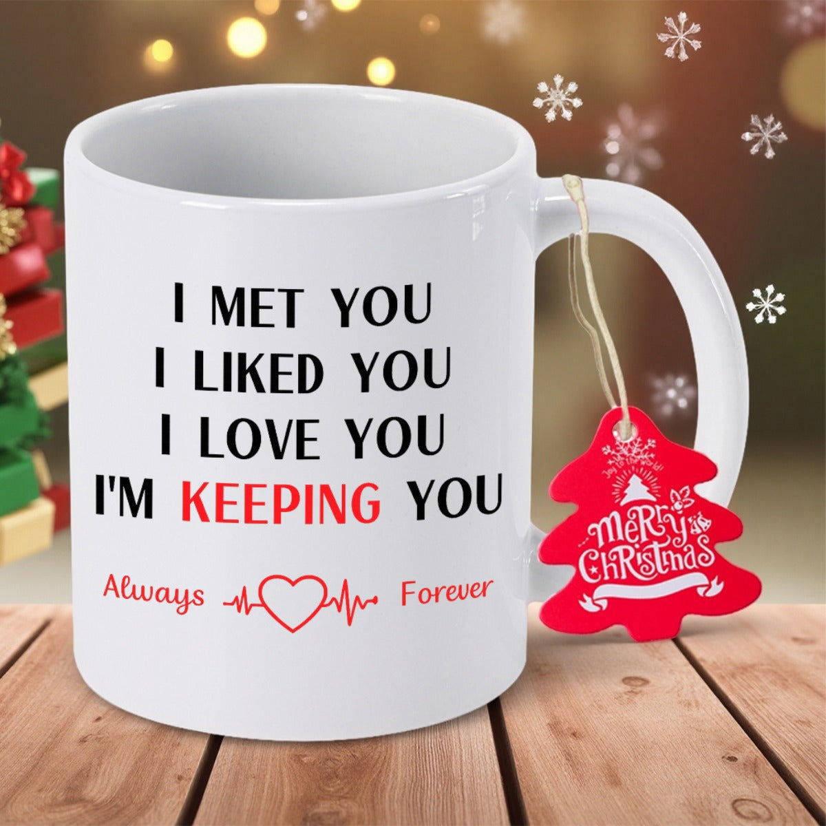 Tailorly White Ceramic 11 oz Mug - I Met You I Liked You I Love You Im Keeping You Always Forever Minimalist Red Heart Pulsing Line On Smooth Ceramic Surface Mug