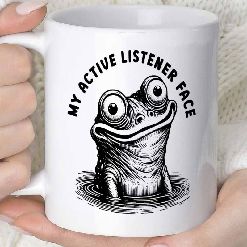 Tailorly White Ceramic 11 oz Mug - My Active Listener Face Funny Sketchy Big Eyed Creature Peeking From Ripples In Water Frog