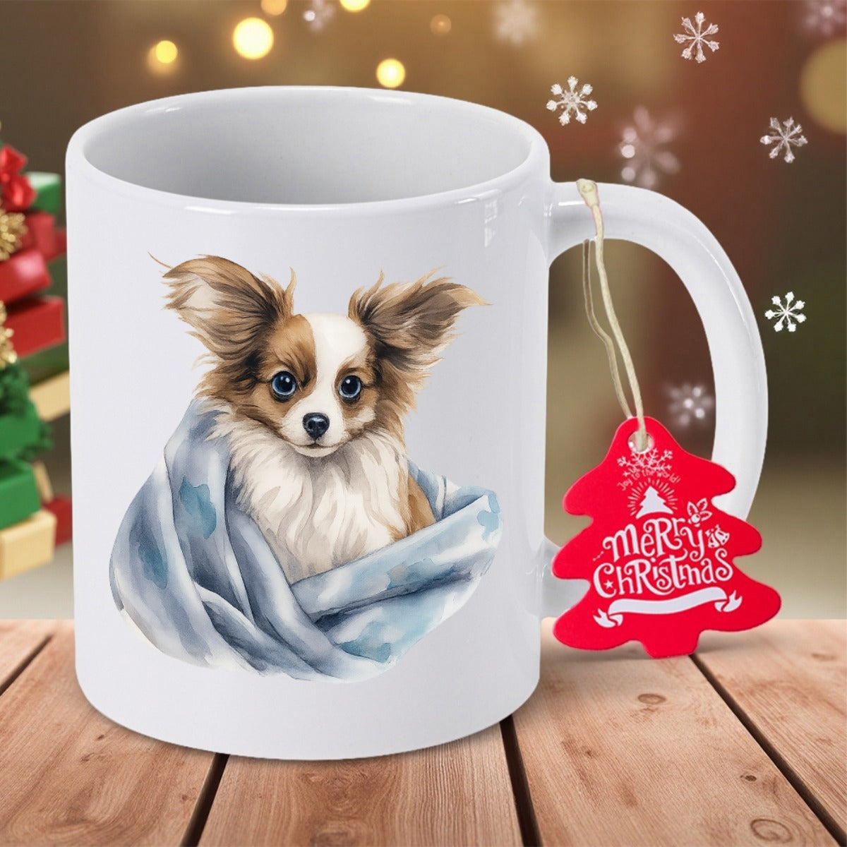 Tailorly White Ceramic 11 oz Mug - Adorable Long Haired Papillon Wrapped In Soft Blue Blanket Detailed Dog
