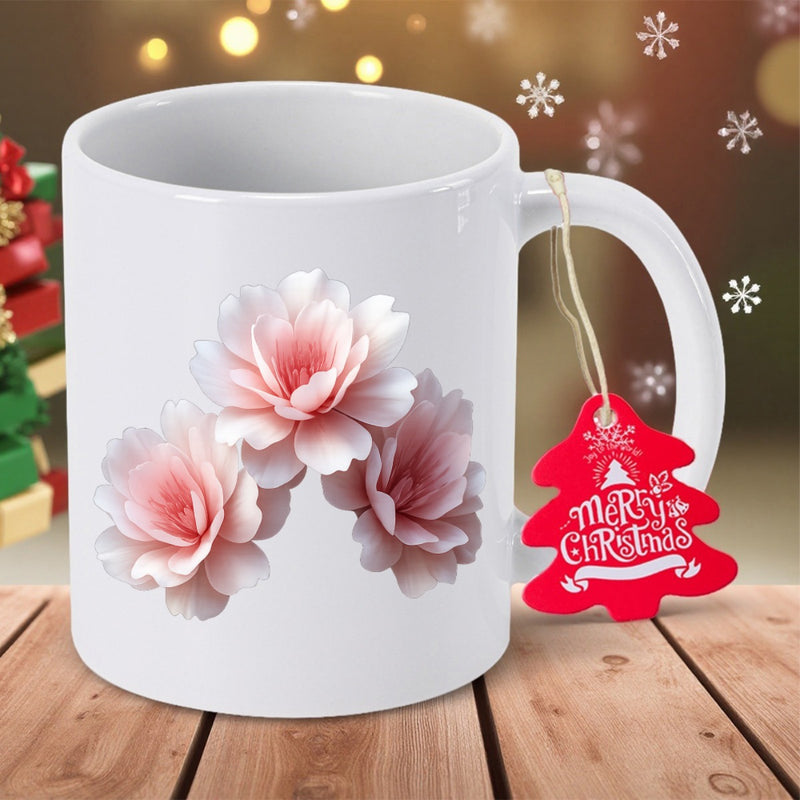 Tailorly White Ceramic 11 oz Mug - Merry Christmas Blooming Pink Flowers With Delicate Petals Arranged On White Ceramic Flower