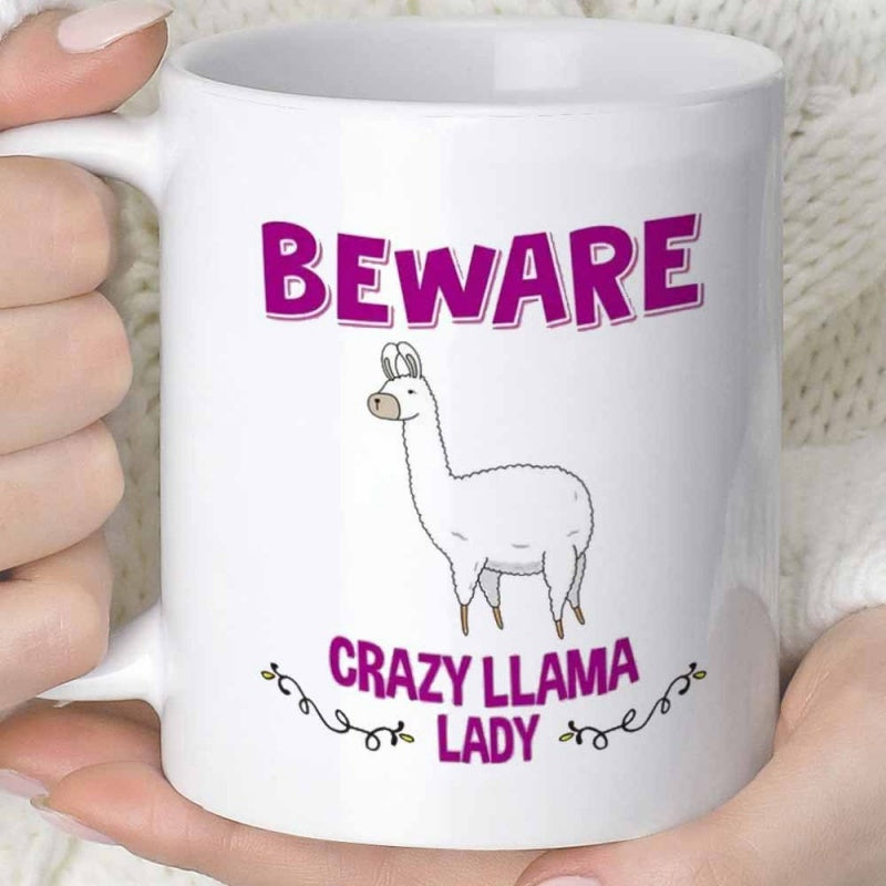 Tailorly White Ceramic 11 oz Mug - Beware Crazy Llama Lady Simple Line Art Drawing Of A Standing Cute White Llama