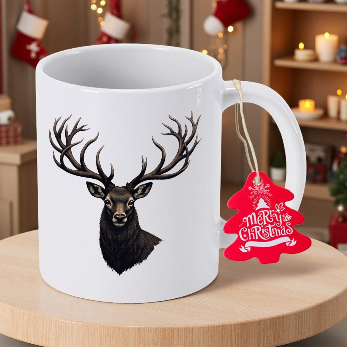 Tailorly White Ceramic 11 oz Mug - Merry Christmas Majestic Wild Stag With Large Antlers And Detailed Dark Fur Pattern Deer