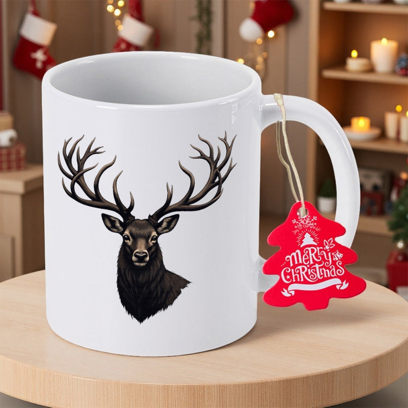 Tailorly White Ceramic 11 oz Mug - Merry Christmas Majestic Wild Stag With Large Antlers And Detailed Dark Fur Pattern Deer