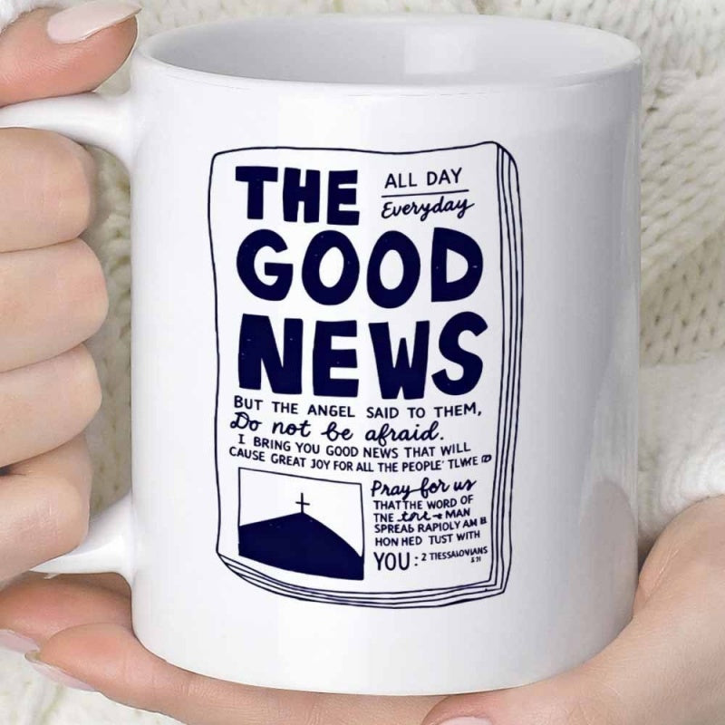 Tailorly White Ceramic 11 oz Mug - The Good News All Day Everyday Hand Drawn Newspaper Layout With Sacred Cross On Hilltop Illustration