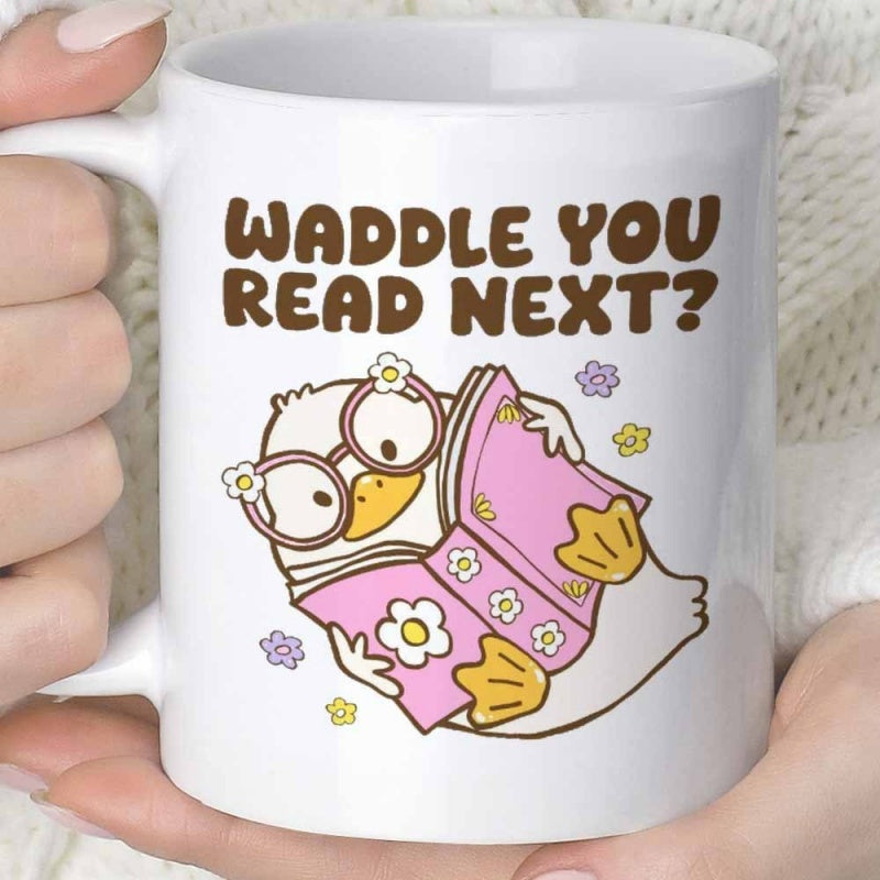 Tailorly White Ceramic 11 oz Mug - Waddle You Read Next Cute Little Wearing Glasses Reading A Flower Decorated Pink Book Duck