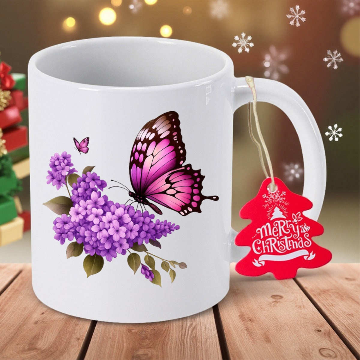 Tailorly White Ceramic 11 oz Mug - Merry Christmas Vibrant Pink Winged Insect Resting On Purple Blooming Floral Lilac Flowers Butterfly