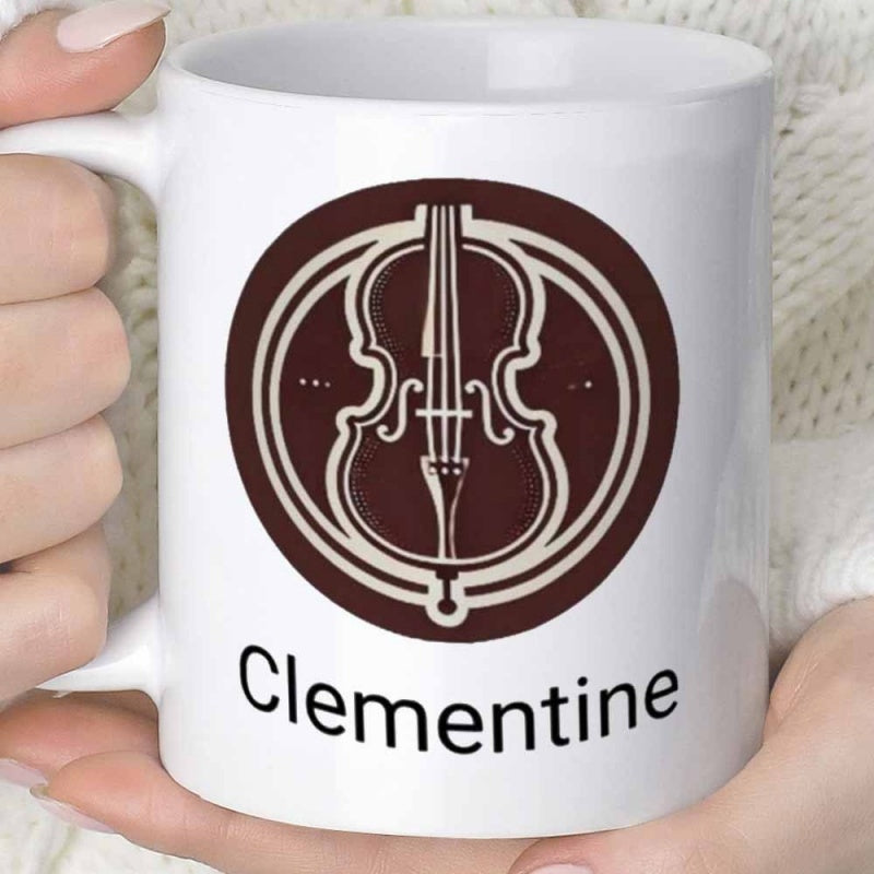 Tailorly White Ceramic 11 oz Mug - Clementine Elegant Brown Musical Instrument Silhouette Within Circular Geometric Artistic Design Violin