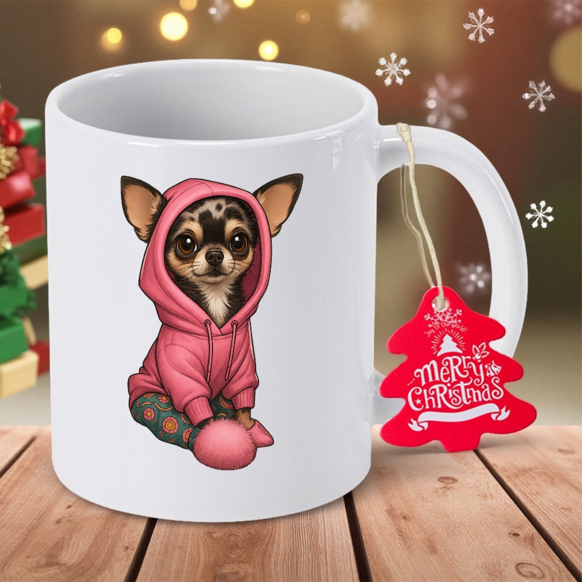 Tailorly White Ceramic 11 oz Mug - Merry Christmas Adorable Cartoon Chihuahua Wearing Pink Hoodie And Soft Mittens Dog