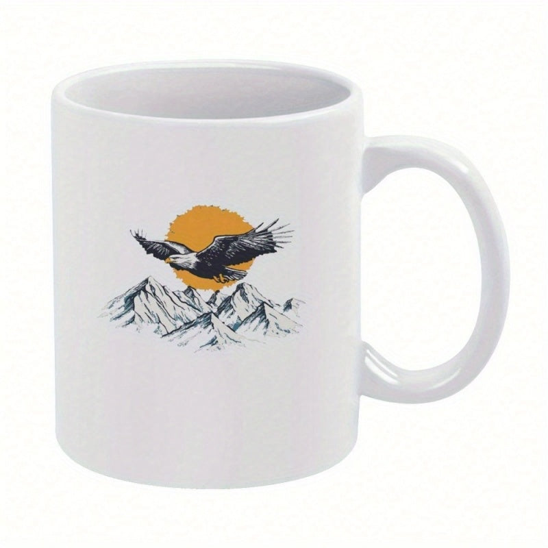 Tailorly White Ceramic 11 oz Mug - Majestic Soaring Over Rugged Snow Capped Mountains Under A Golden Sun Eagle