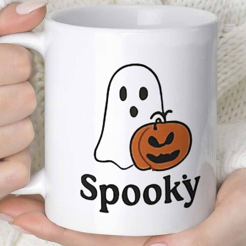 Tailorly White Ceramic 11 oz Mug - Spooky Minimalist White Cartoon Ghost Holding Vibrant Carved Orange Pumpkin Lantern Ghost