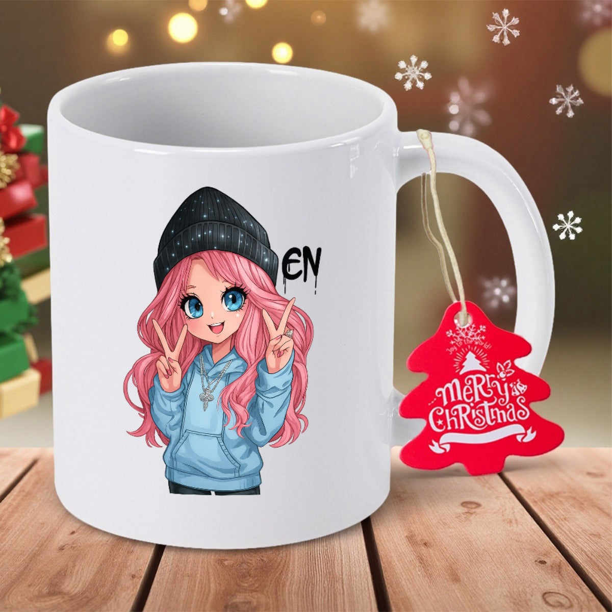 Tailorly White Ceramic 11 oz Mug - EN Charming Anime Girl With Pink Hair And Blue Hoodie Wearing Beanie Girl