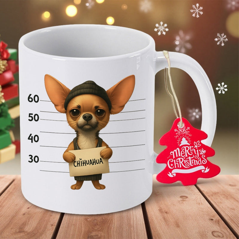 Tailorly White Ceramic 11 oz Mug - Chihuahua Merry Christmas Tiny Dog Wearing Black Beanie Standing Before Measurement Lines Chihuahua