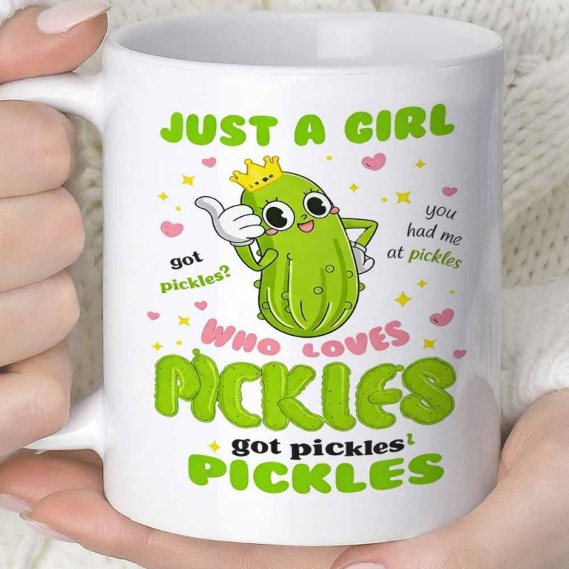 Tailorly White Ceramic 11 oz Mug - Just A Girl Who Loves Pickles Got Pickles You Had Me At Pickles Cute Cartoon Character Wearing Golden Crown Showing Thumbs Up