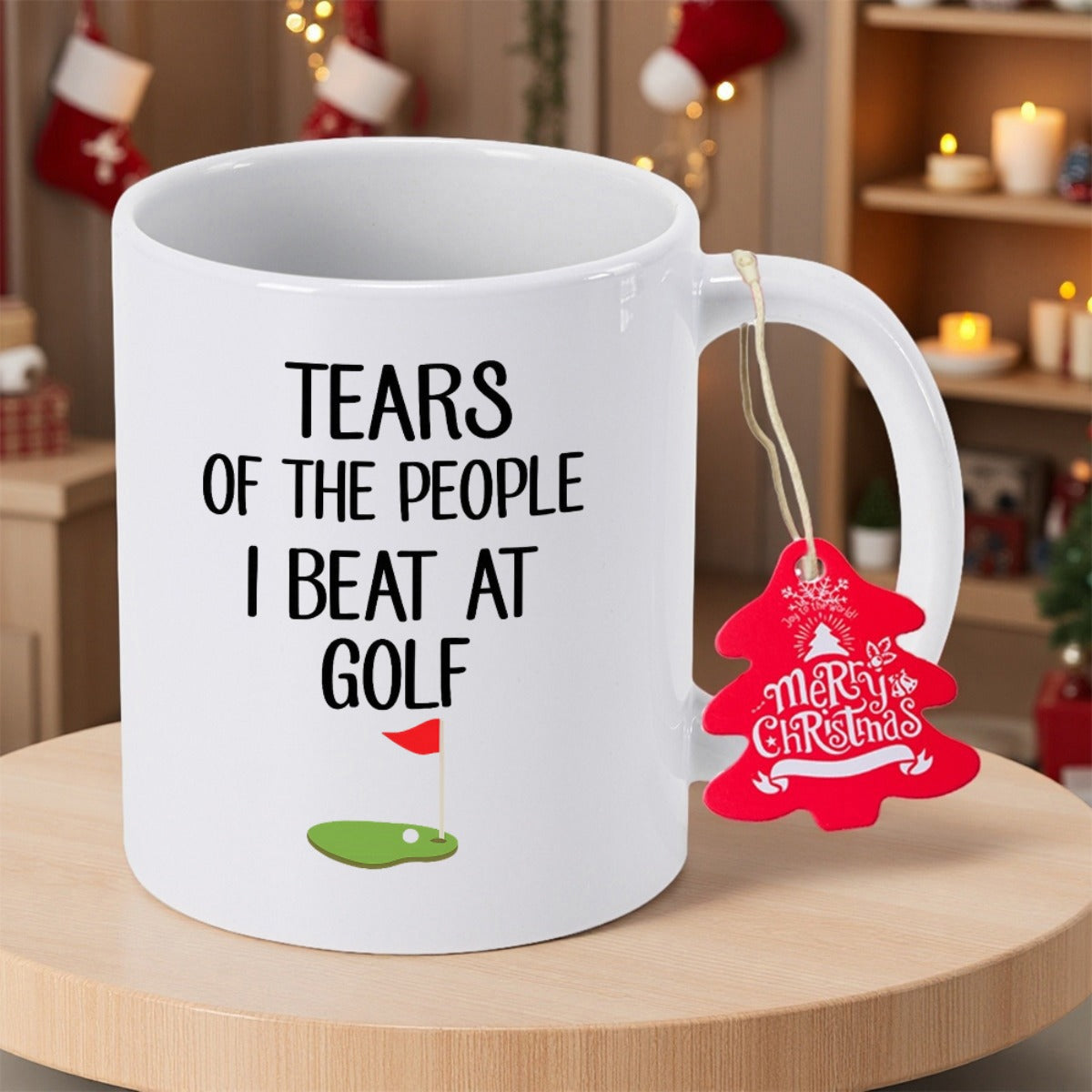 Tailorly White Ceramic 11 oz Mug - Tears Of The People I Beat At Golf Vibrant Green Putting Surface With Red Flag And Tiny Ball Golf Green